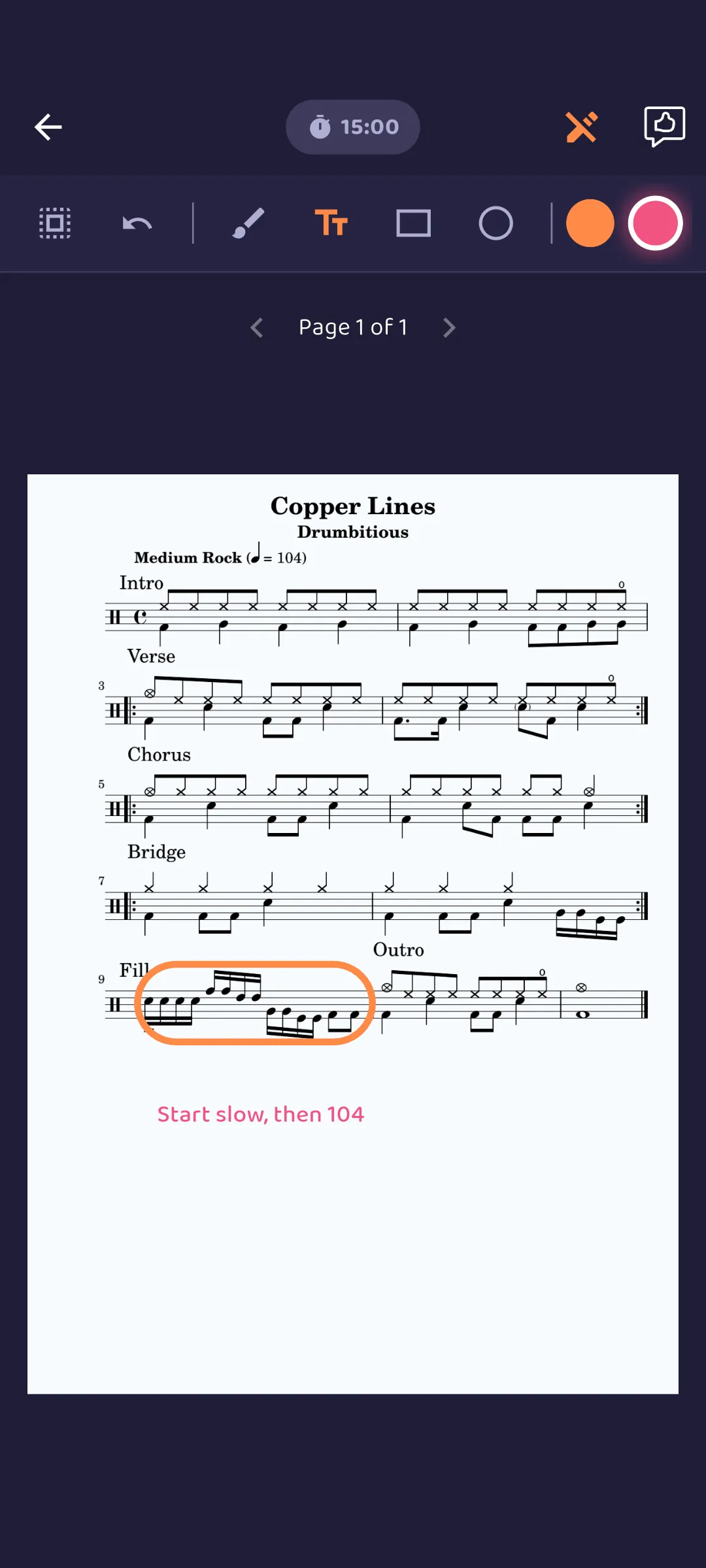 A PDF of drum sheet music with handwritten annotations in the app