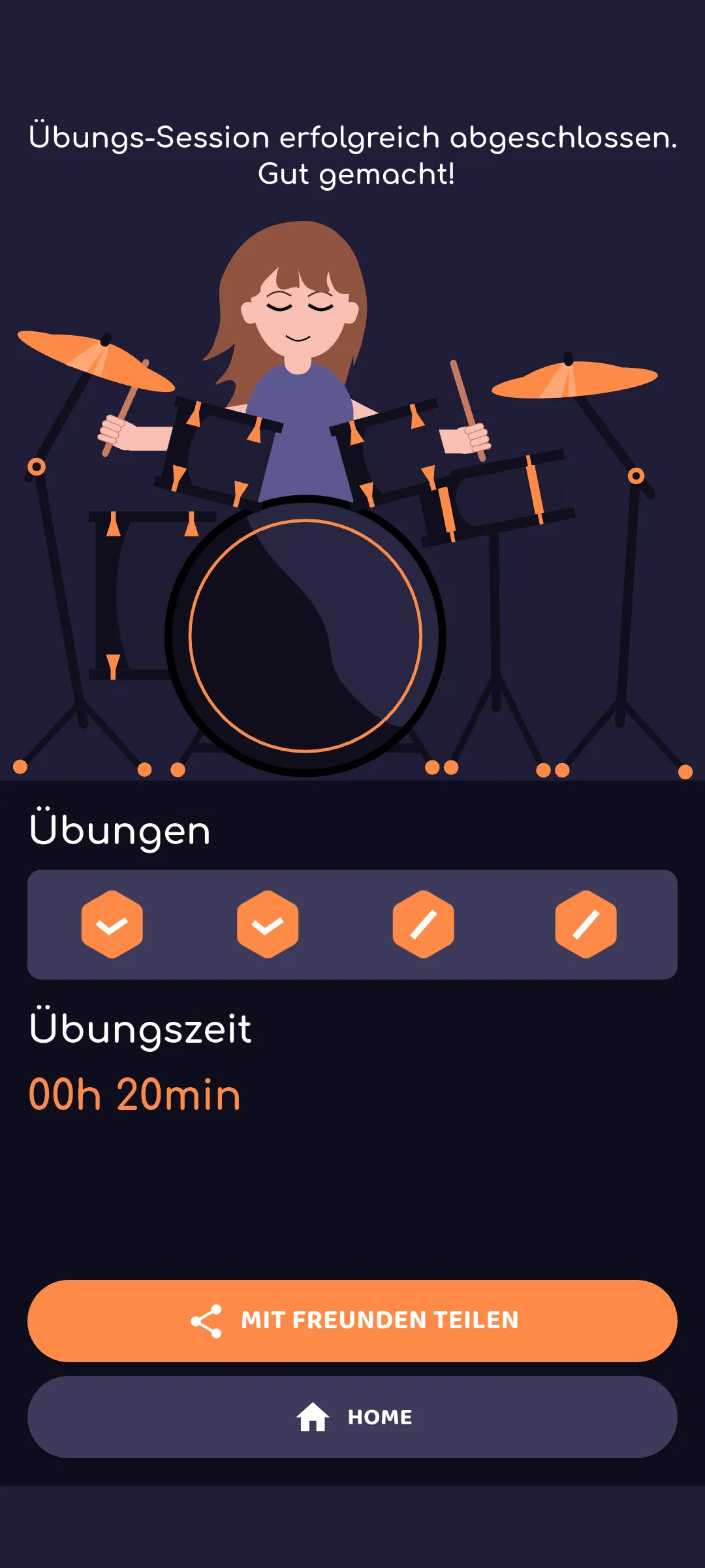 Drumbitious nach einer beendeten Übe-Session: Abschlussbildschirm mit den erledigten Übungen und 20 Minuten Übezeit